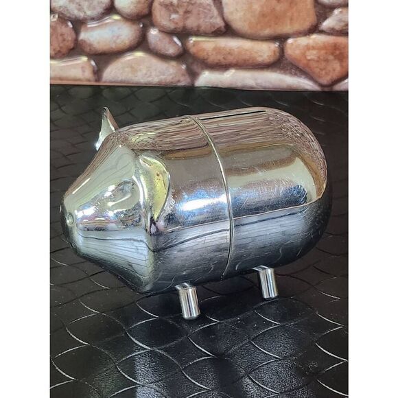 Vintage Metal Piggy Bank Silver Tone Retro Mid Century - Picture 3 of 7
